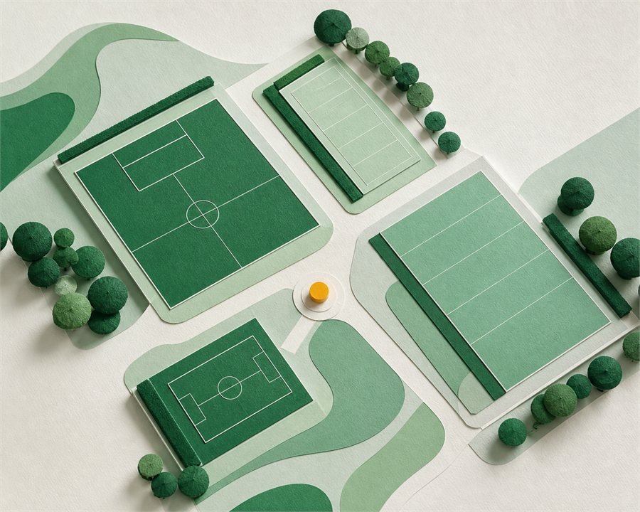 Abstract paper model of an orderly grassroots tournament site with connected pitches