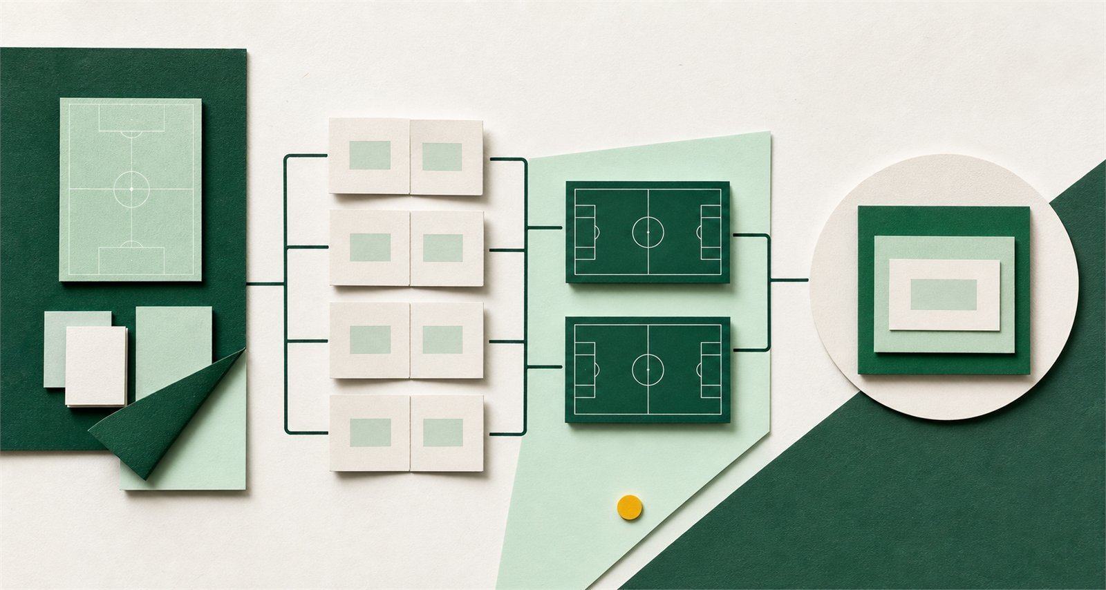 Abstract paper model illustrating a tournament path from setup through fixtures to sharing