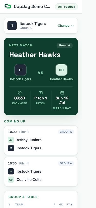 CupDay My Team screen showing the selected team, next opponent, kick-off time and pitch